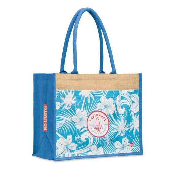 Bolsa de yute con bolsillo frontal de algodón con impresión integral (43x34x20cm) · MB8923