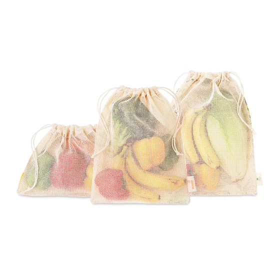 Set de 3 bolsas para alimentos de algodón con malla a un lado. Certificado contacto alimentos. · MB9012