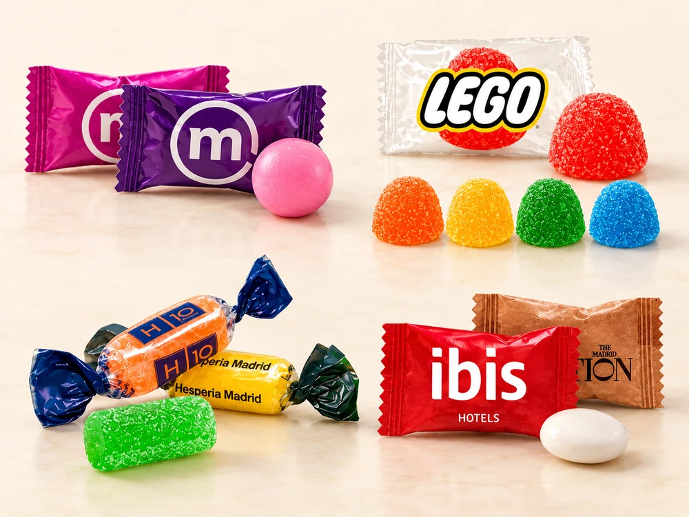 Selección de caramelos publicitarios y gominolas con envoltorios personalizados