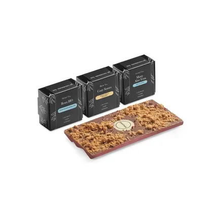 Caja de regalo con 3 tés Zen y una barra de chocolate belga MI4005