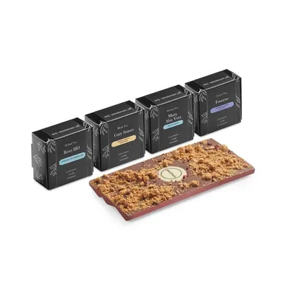Caja de regalo con 4 tés Zen y una barra de chocolate belga MI4006