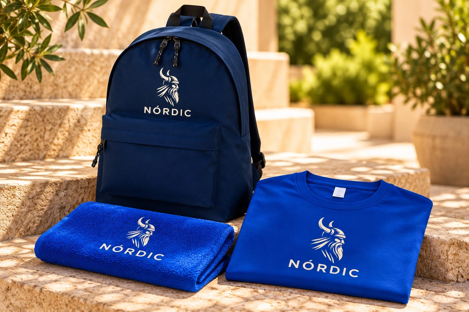 Kit Deportivo personalizado: Mochila, camiseta y toalla. Ejemplo con logotipo NÓRDIC.