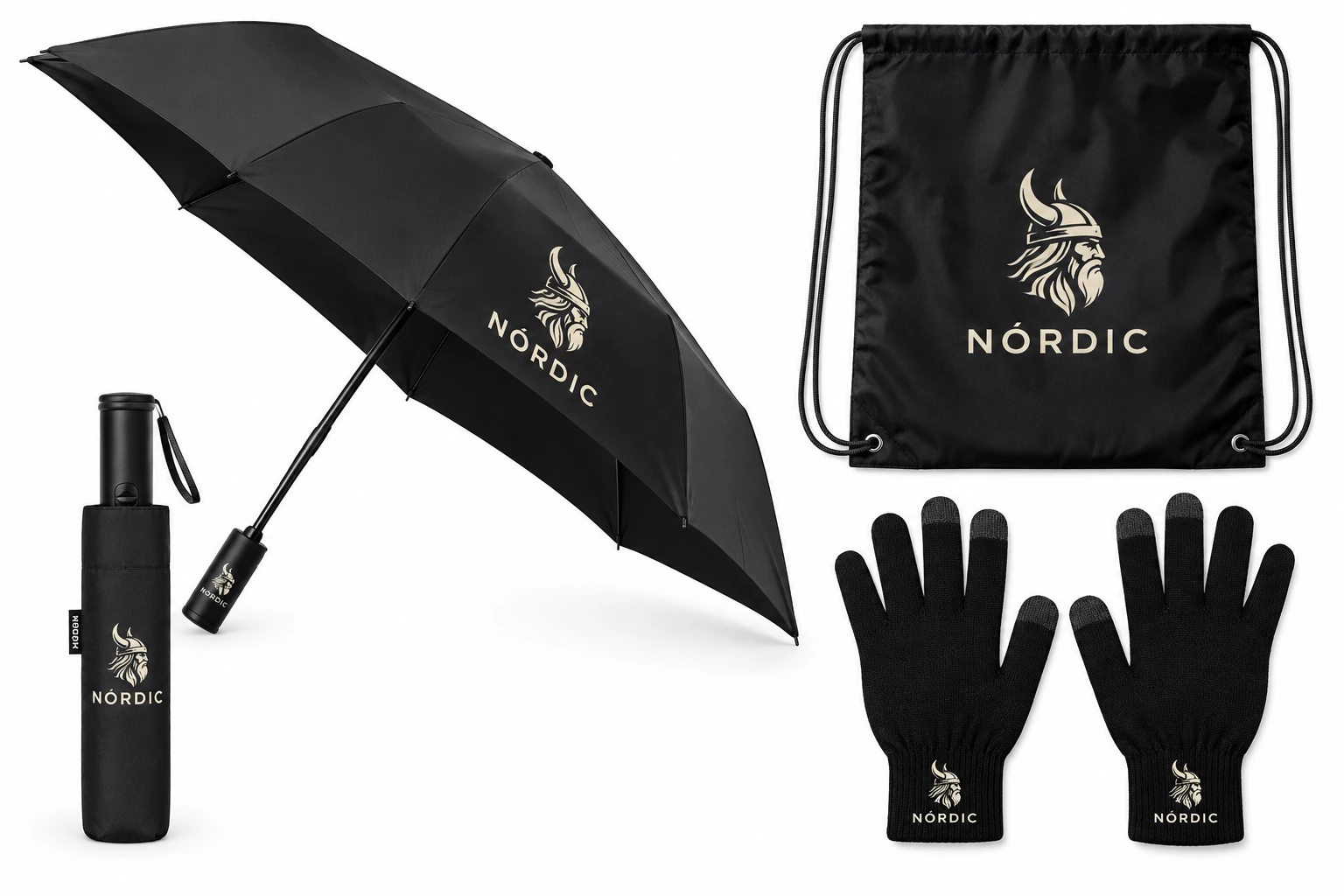 Kit Lluvia personalizado: Paraguas plegable con funda, mochila de cuerdas y guantes. Ejemplo con logotipo NÓRDIC.