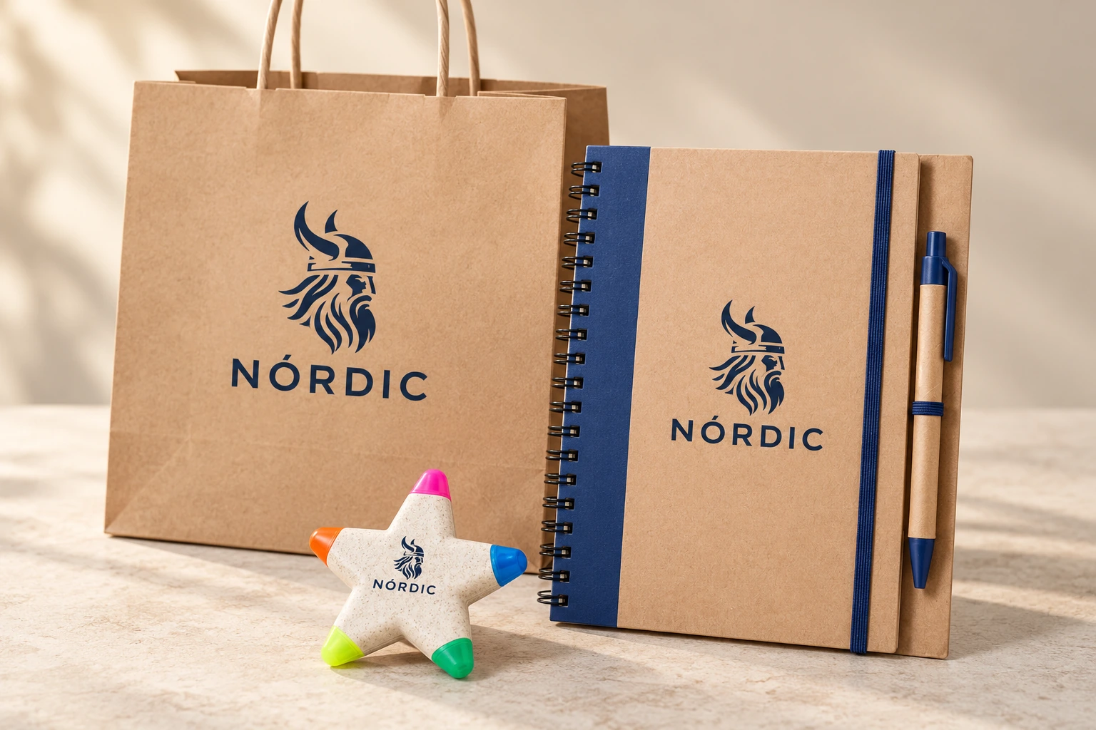 Kit Papelería personalizado NÓRDIC: bolsa de papel kraft, libreta de espiral con bolígrafo y subrayador de cinco colores