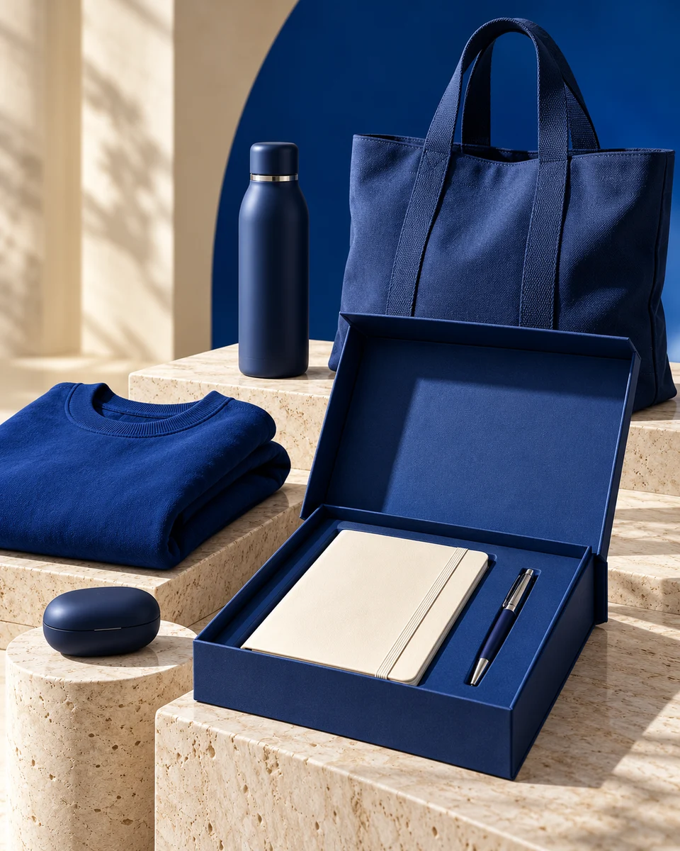 Selección conceptual de merchandising corporativo: textil, botella y accesorios