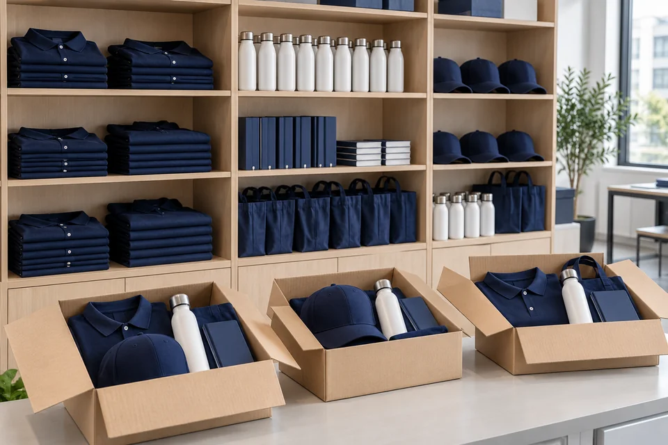 Colección corporativa organizada en stock con pedidos preparados para distintas sedes