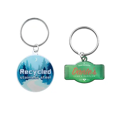 Llavero de acero inoxidable reciclado con forma personalizada y con gota de resina a todo color MK2804