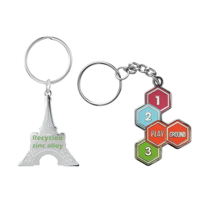 Llavero de aleación de zinc reciclado con forma personalizada y diseño de logotipo de esmalte duro de imitación. MK2806