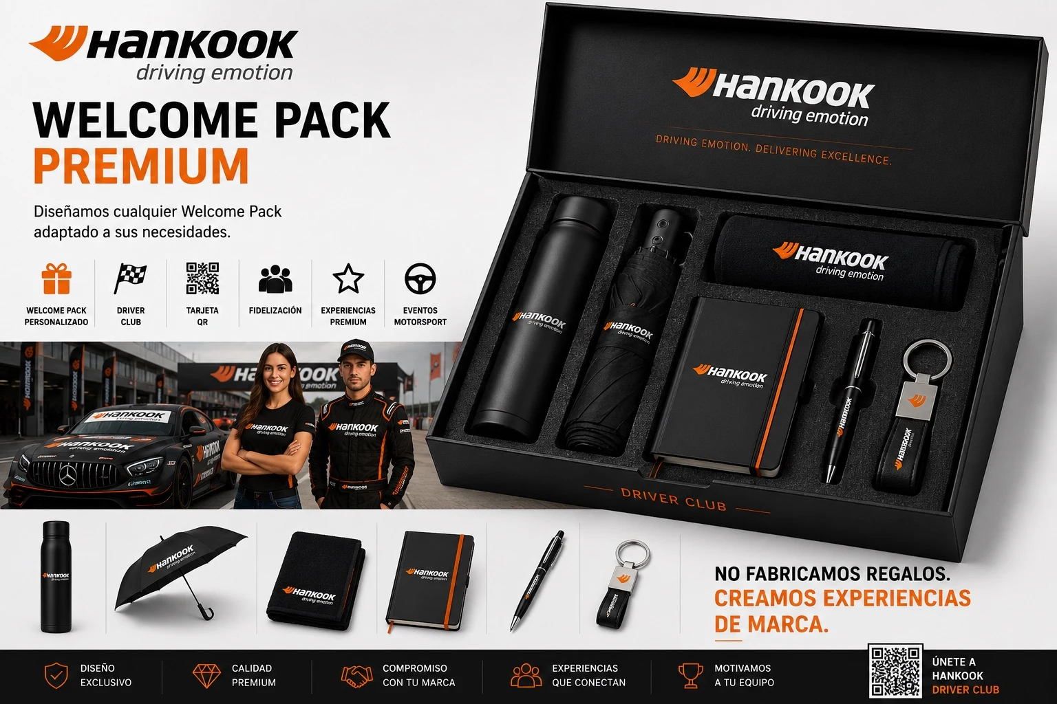 Propuesta visual de welcome pack premium personalizado con la marca Hankook