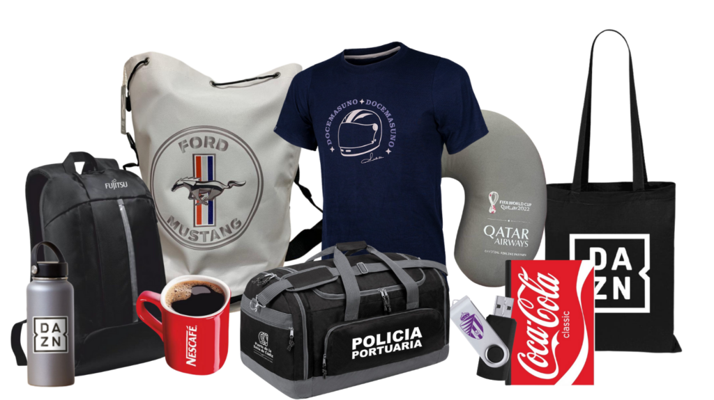 Bolsas, prendas, botellas y accesorios promocionales personalizados con marcas corporativas